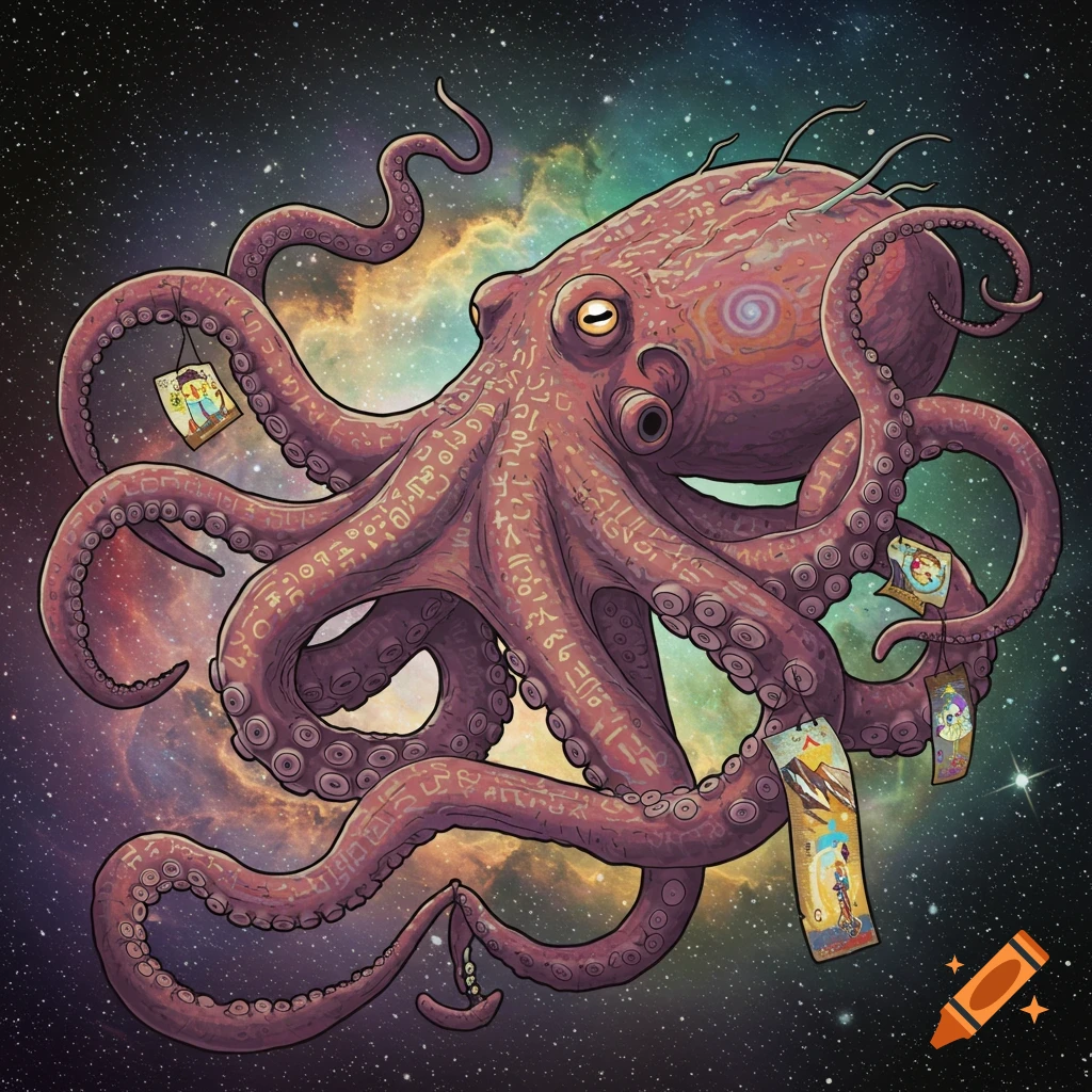 A large, stylized octopus covered in symbols floats in space among stars and nebulae, with small banners hanging from its tentacles.