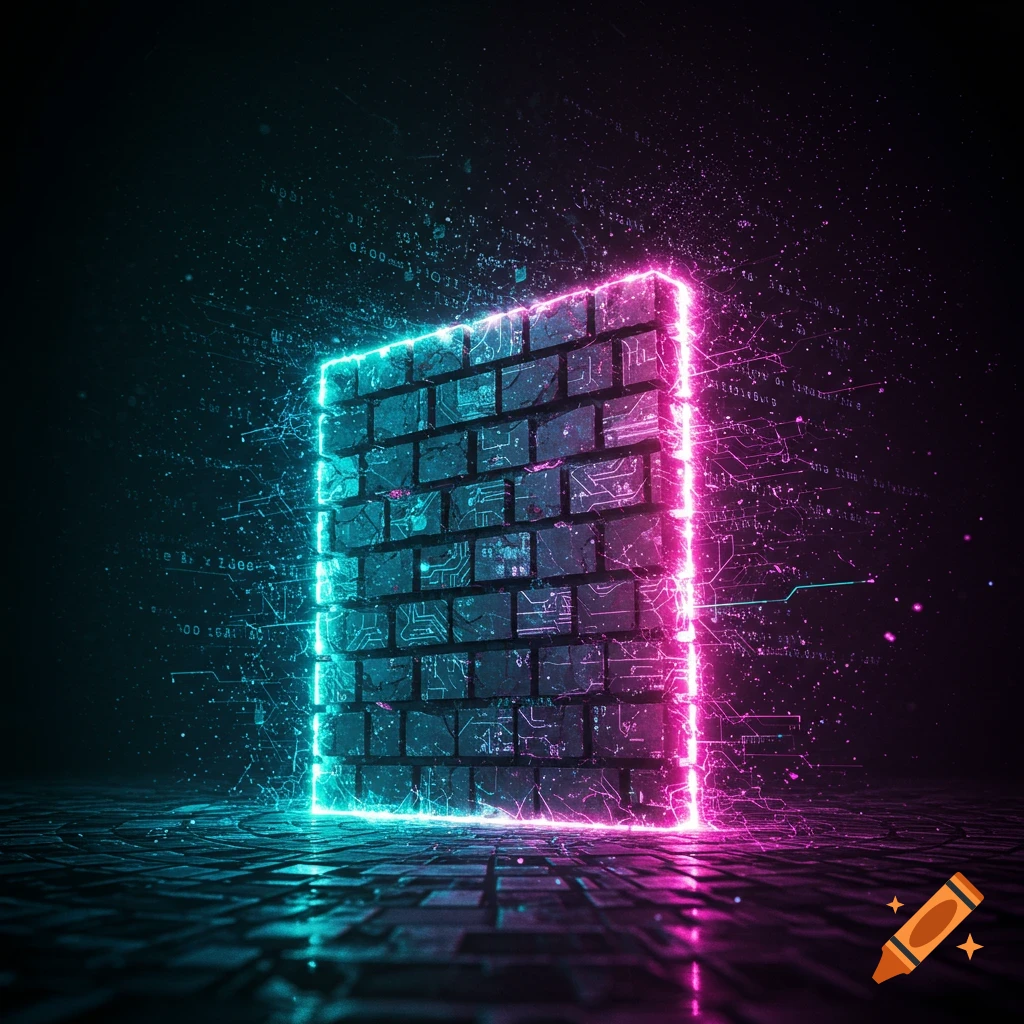 Cyberpunk brick firewall with circuit patterns glowing cyan and magenta surrounded by digital data streams.