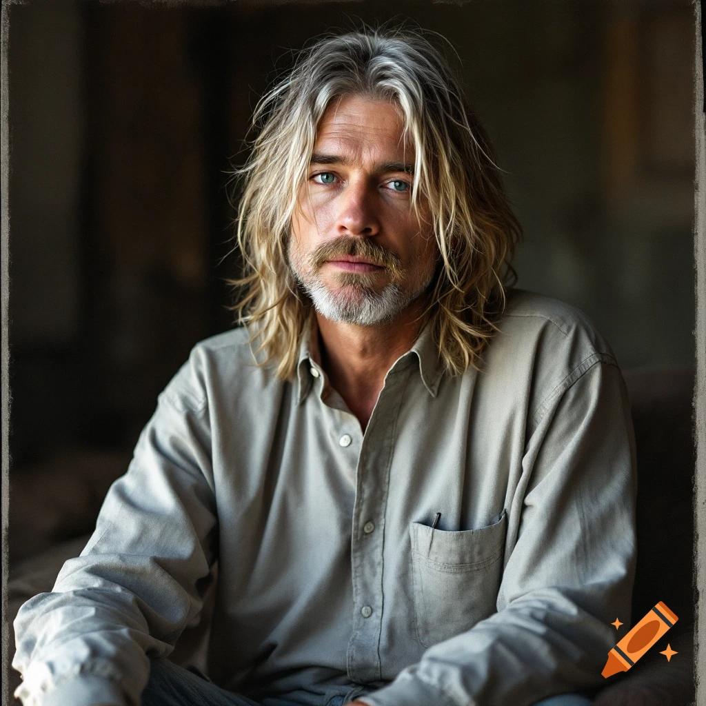 Portrait of a man with long blonde and grey hair, beard, and blue eyes, wearing a shirt