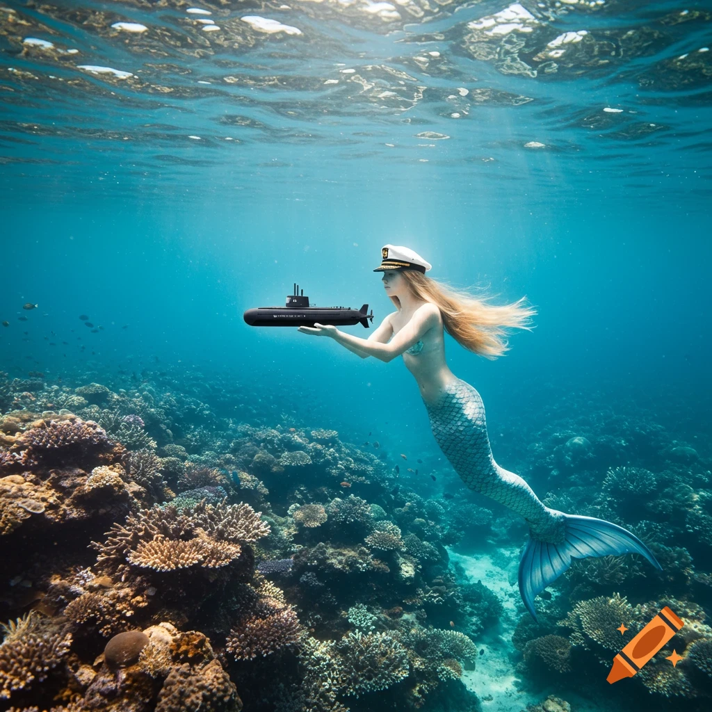 Photorealistic blonde mermaid in captain's hat underwater, holding a small black submarine over a coral reef.