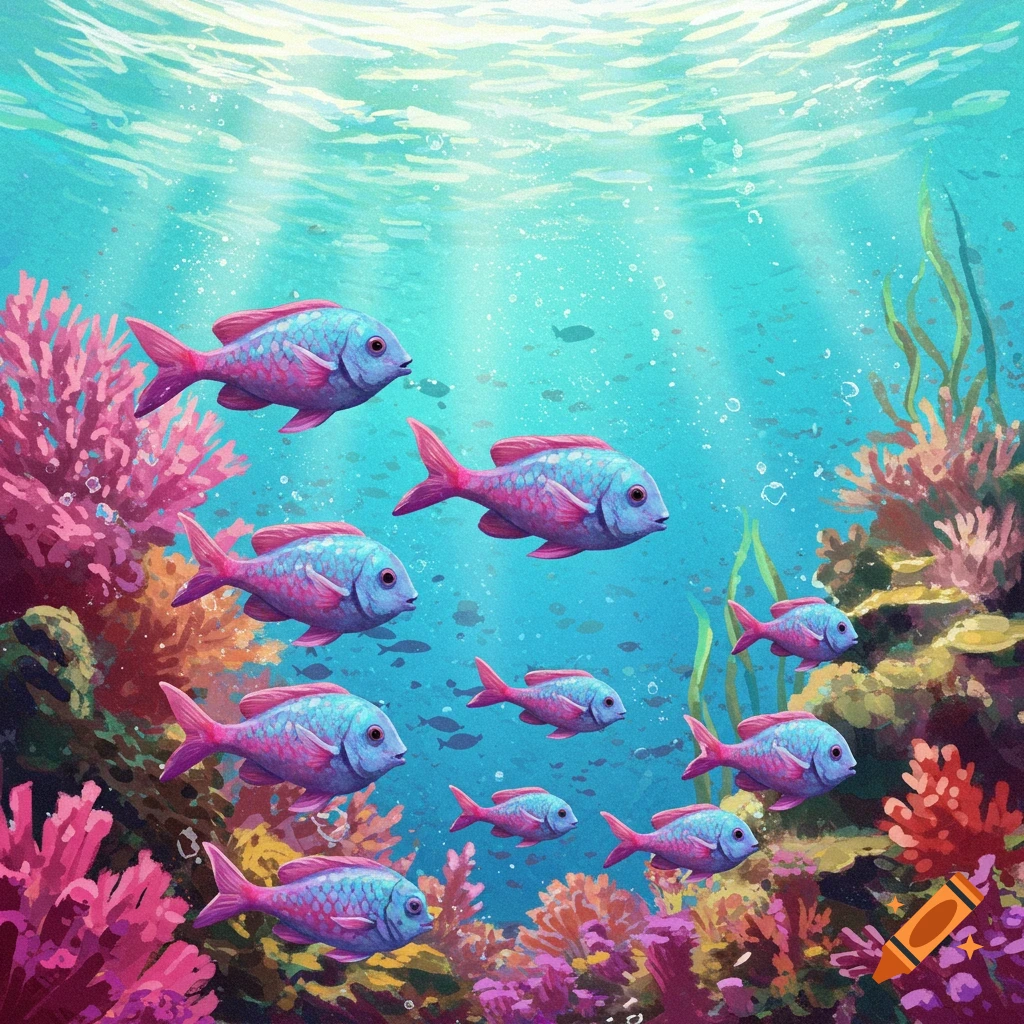 Colorful fish swimming among coral reefs underwater.