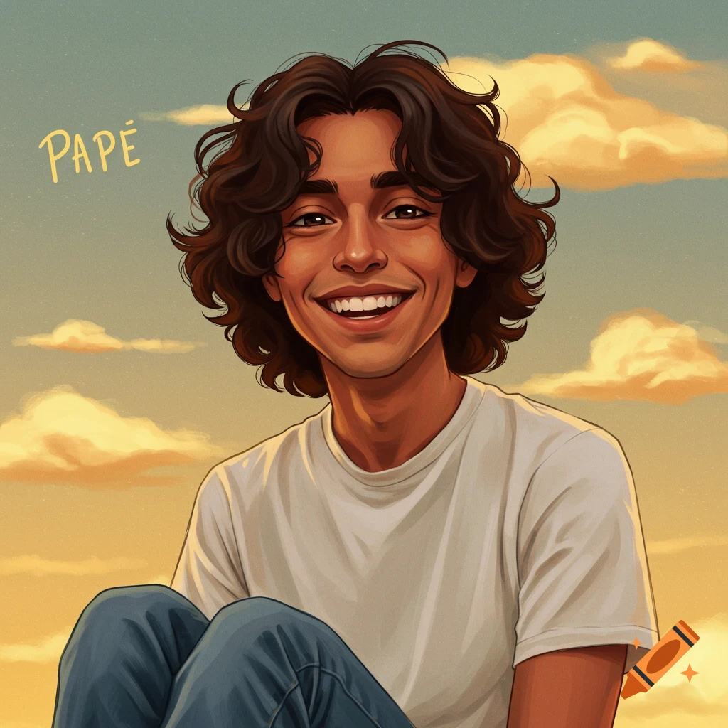 A young person with curly hair smiles against a sunset sky.
