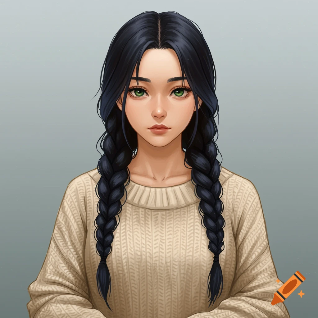 Portrait of a young woman with long black braided hair and green eyes wearing a cream sweater.