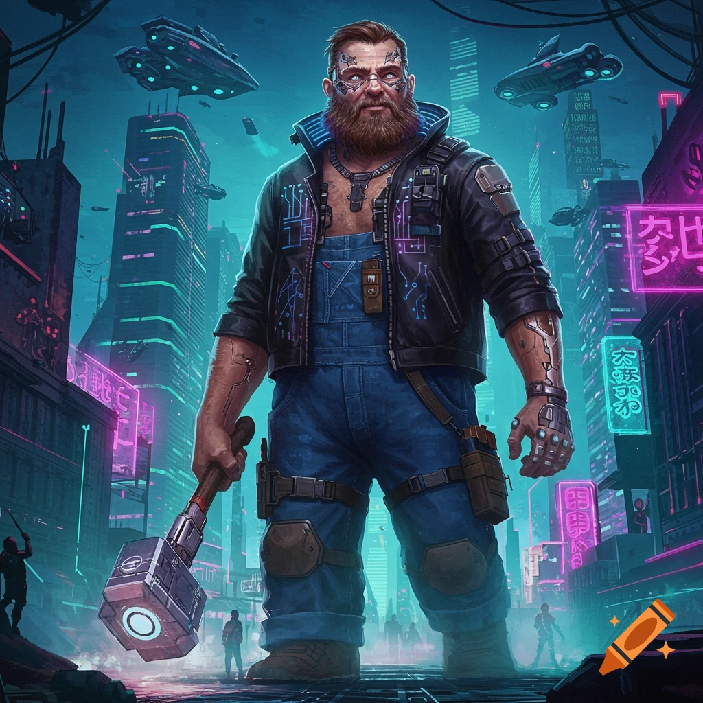 A large, bearded man with cybernetic implants holds a hammer in a neon-lit cyberpunk city.