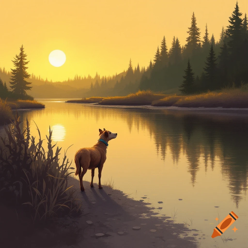 A dog standing by a river at sunset