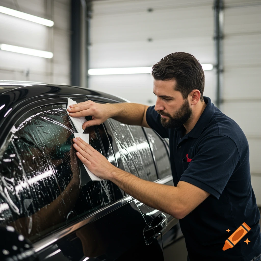 Man applying film to a car window in a workshop.