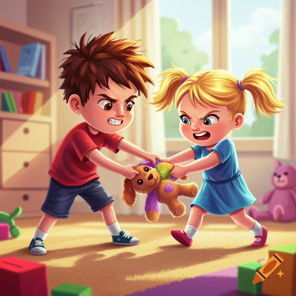 Cartoon of two angry children fighting over a stuffed animal in a playroom.