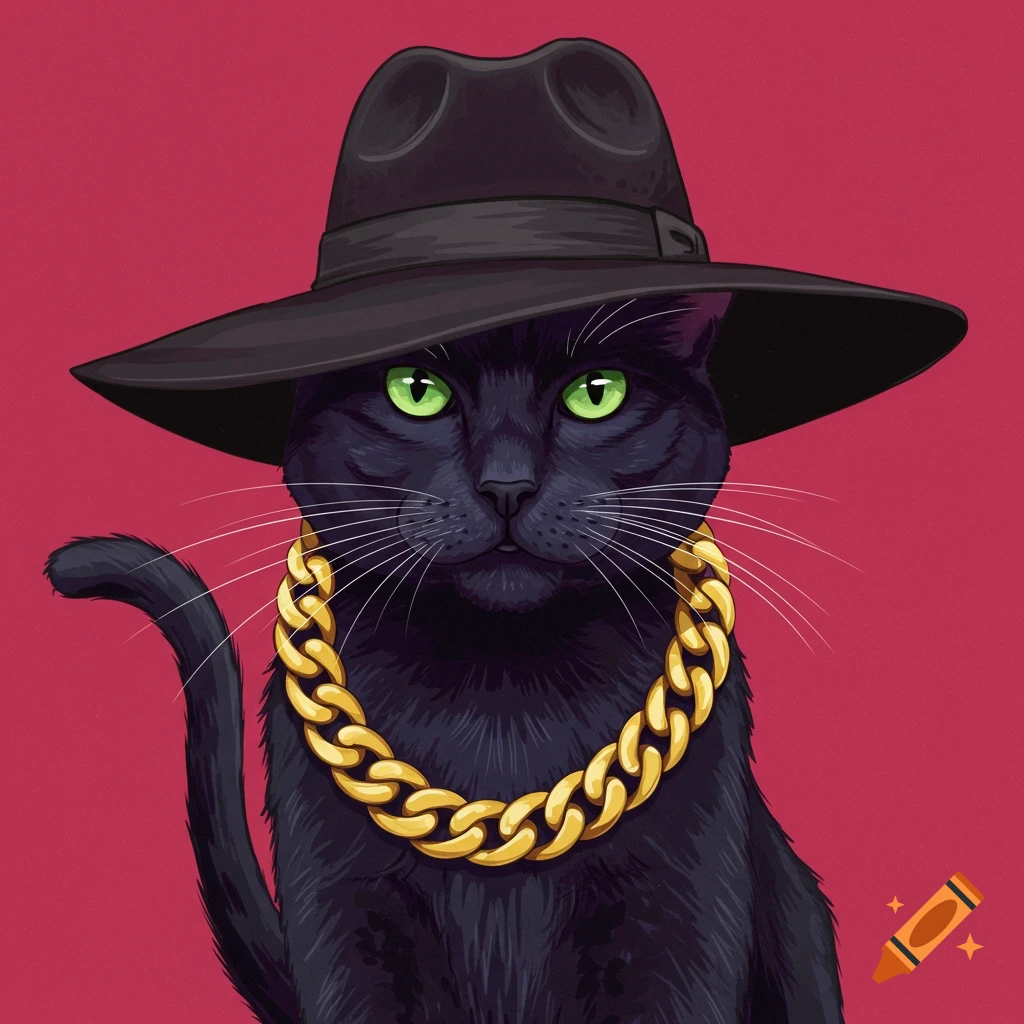 Digital illustration of a black cat wearing a black hat and gold chain necklace against a red background.