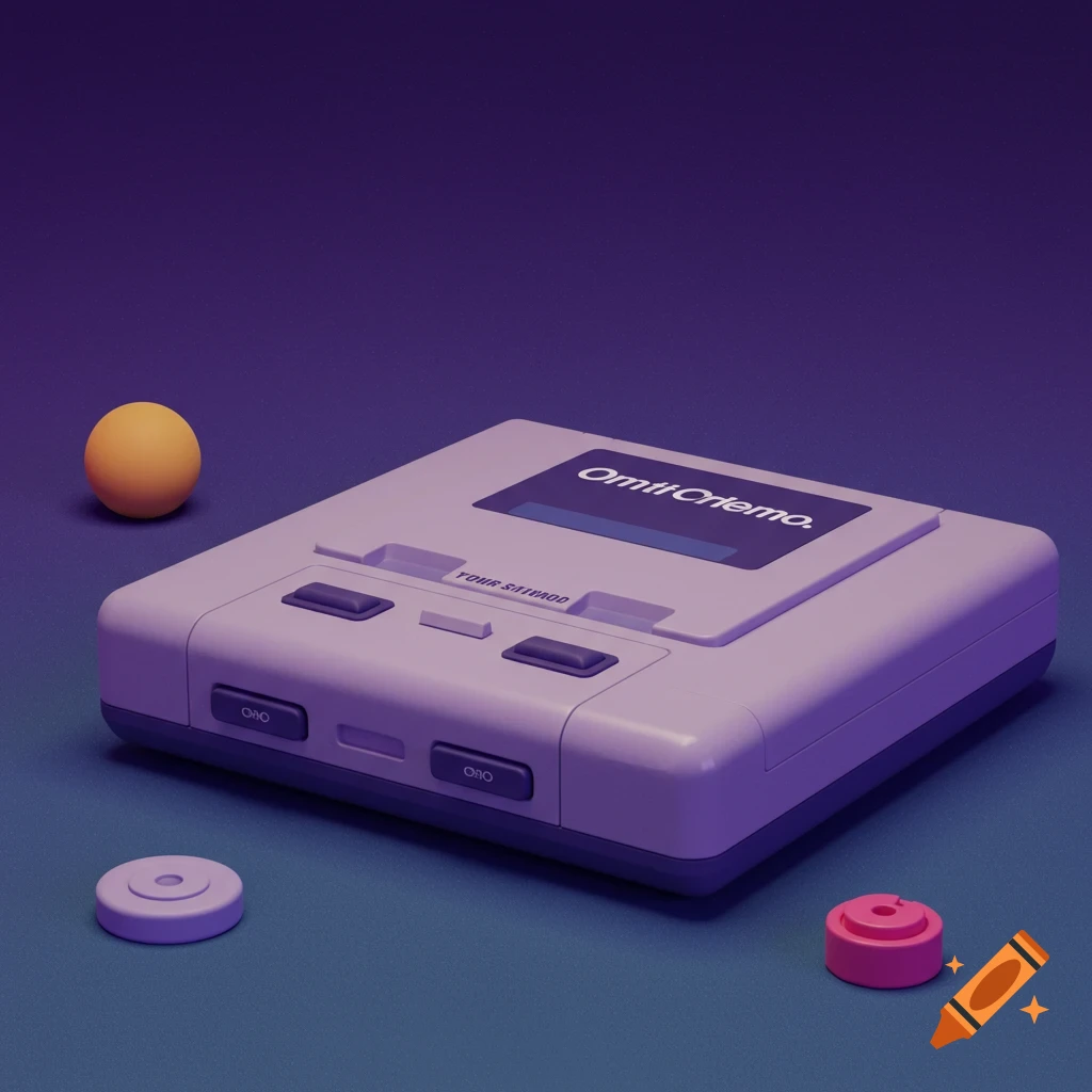 A clean 3D render of a retro video game console with colorful objects on a surface with a purple background.