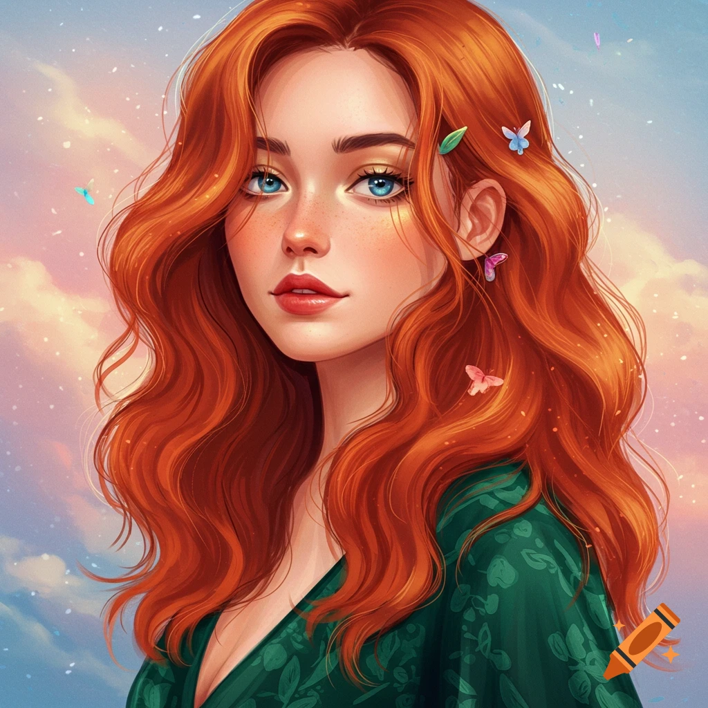 A woman with red hair and blue eyes, with butterflies in her hair, against a cloudy sky.