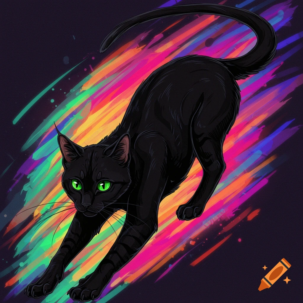 A black cat stretches against a vibrant, abstract background.