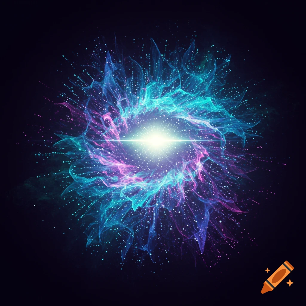 An abstract cosmic explosion of light and energy in blue and pink on a dark background.