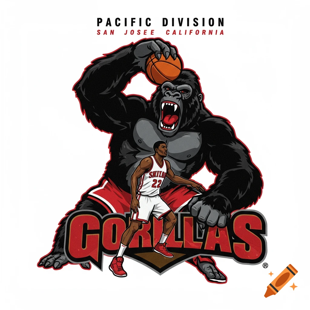Stylized logo with a gorilla holding a basketball over a player, text says Pacific Division San Josee California Gorillas.