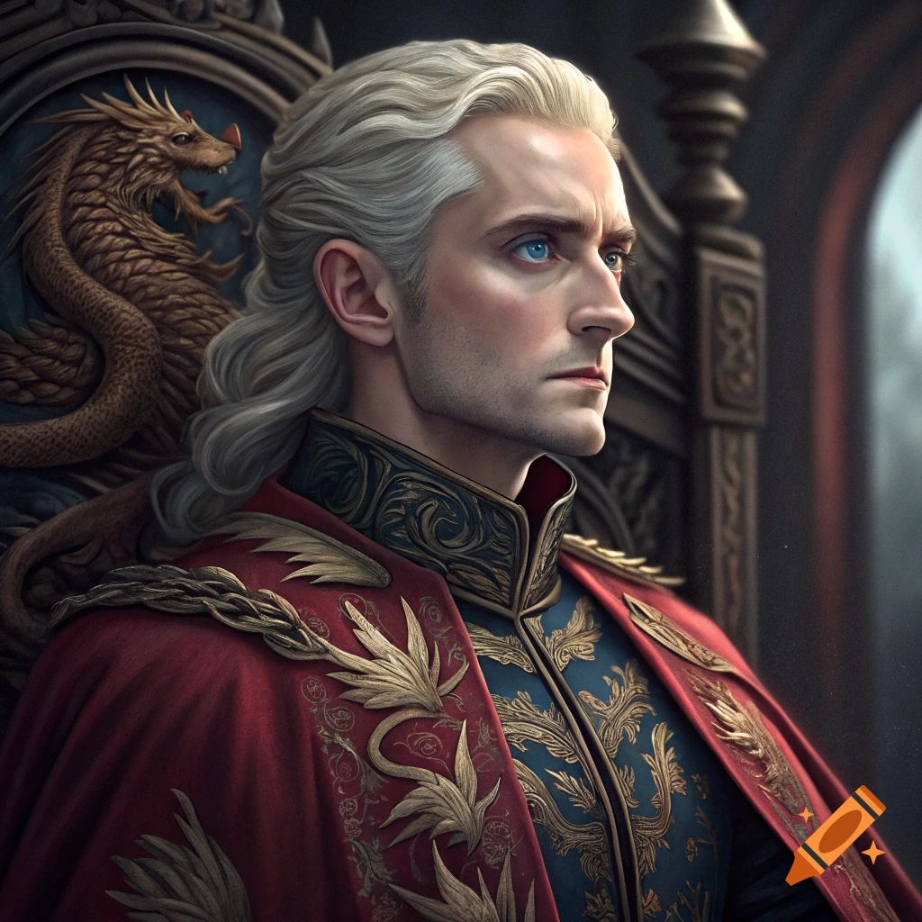 Portrait of a man with white hair and blue eyes in fantasy robes on a dragon throne.