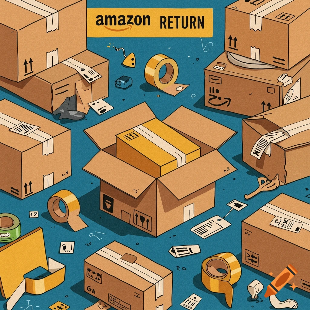 Illustration of cardboard shipping boxes, packing tape, and labels, with text 'amazon RETURN'.