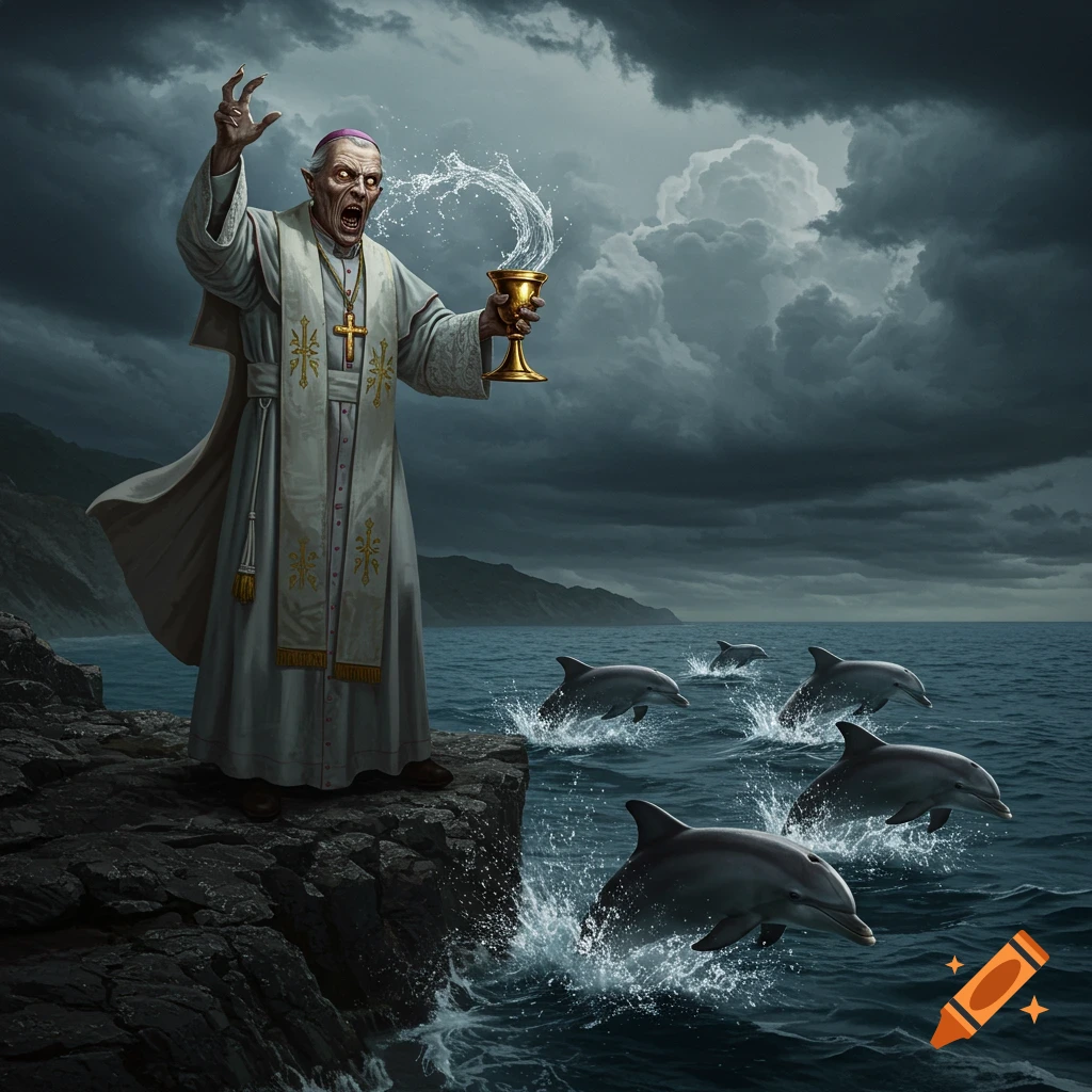 A terrifying bishop on a cliff is splashing water at scared dolphins leaping from the sea under a stormy sky.