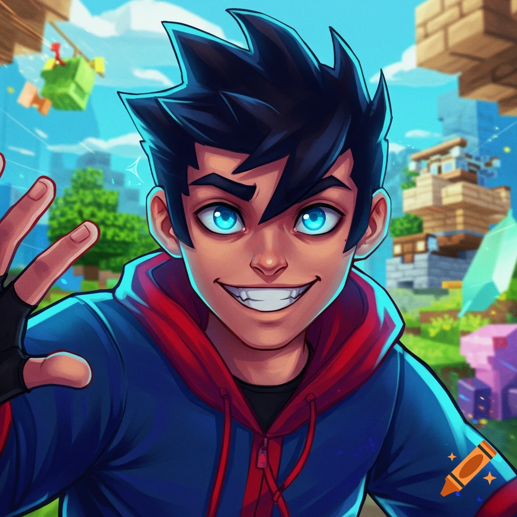 Cartoon portrait of a young man with bright blue eyes in a hoodie, against a Minecraft-like background.