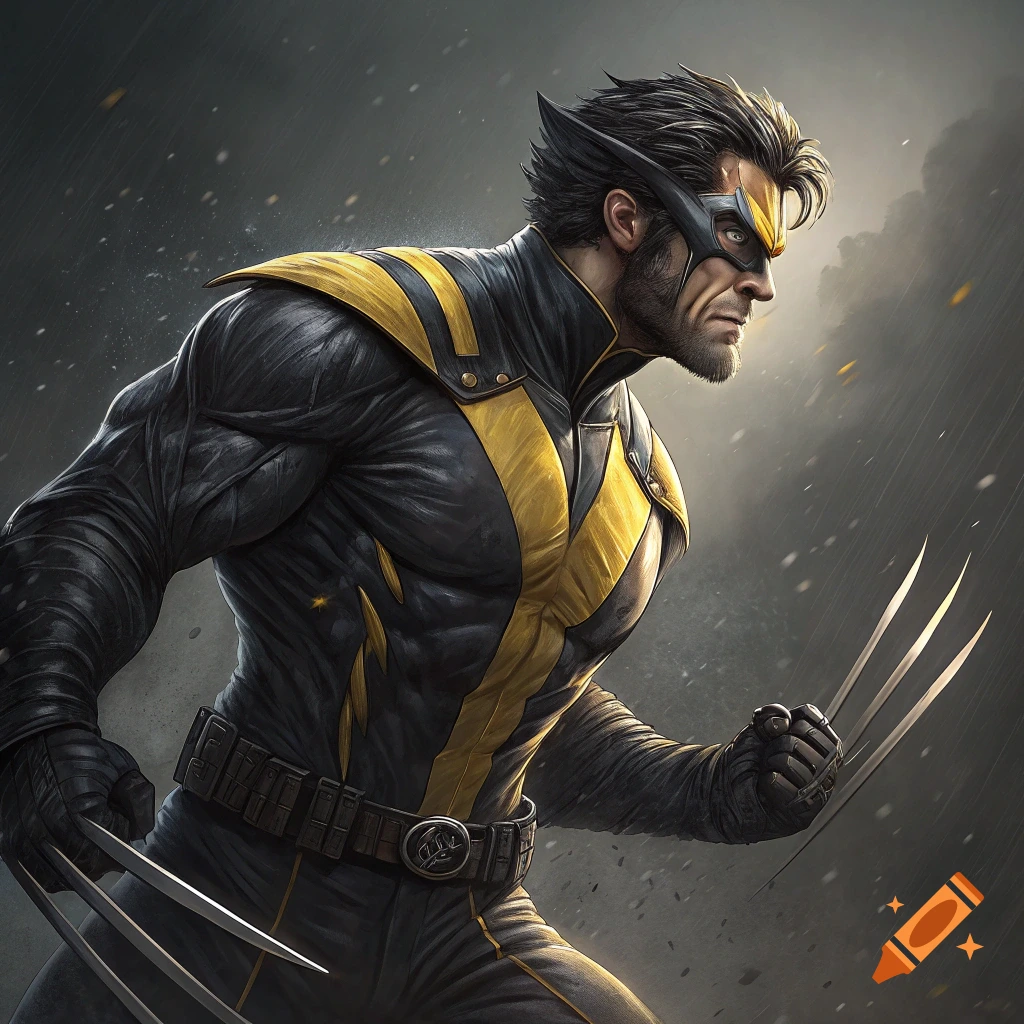Wolverine in a black and yellow suit with claws extended, standing in rain.