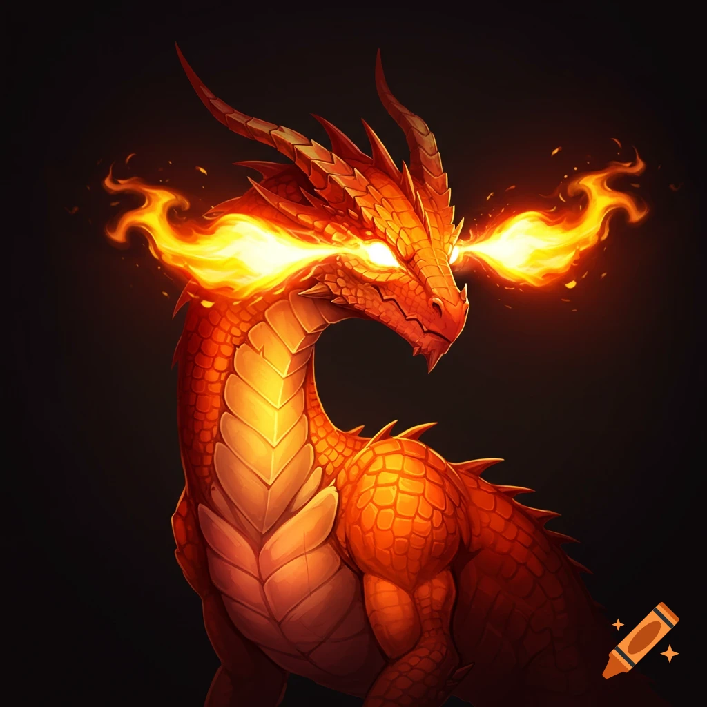 A close-up of an orange-red dragon with fiery eyes.
