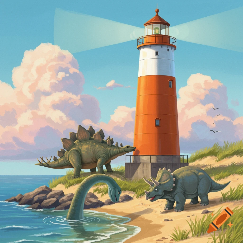 Dinosaurs on a beach near a lighthouse.