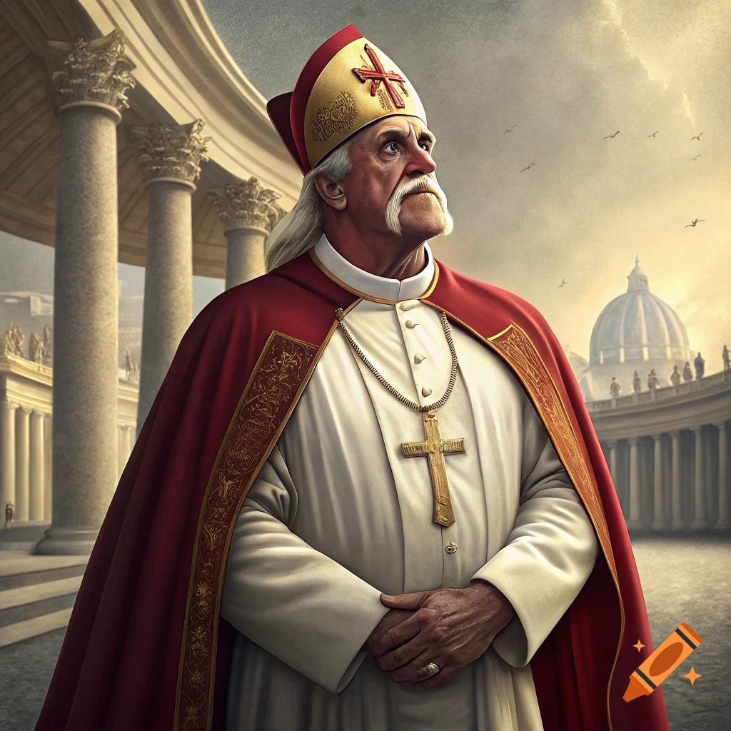 Illustration of Hulk Hogan dressed as the Pope, standing in front of St. Peter's Basilica