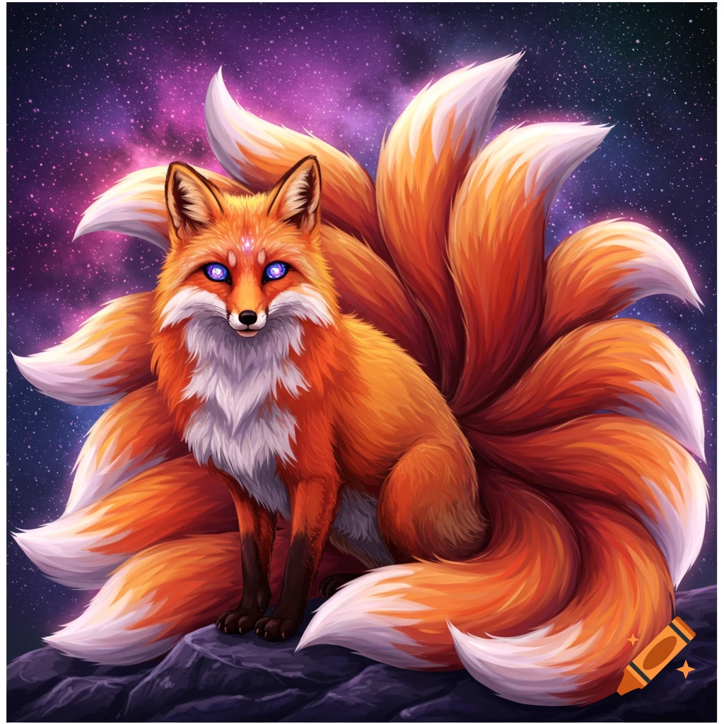 A nine-tailed orange fox with glowing blue eyes sits on rocks against a starry galaxy background.
