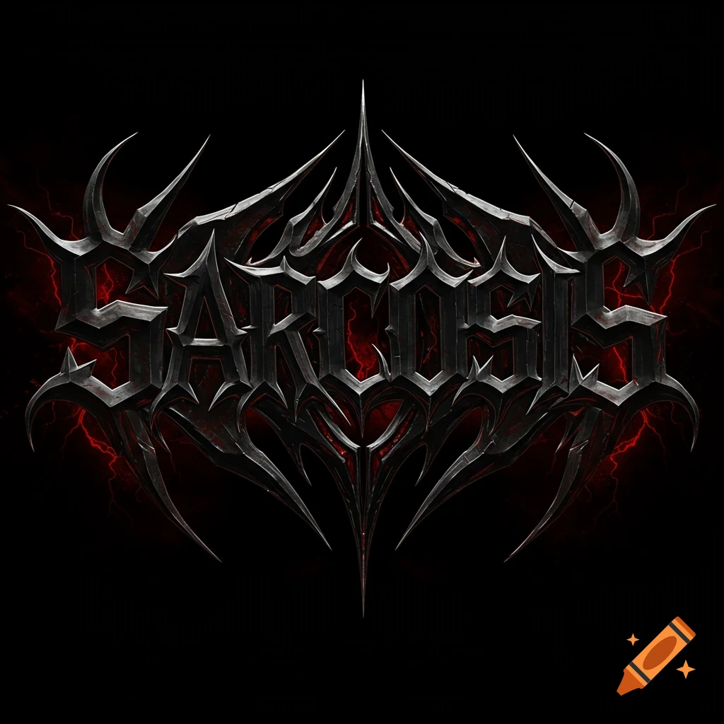 Heavy metal band logo 'Sarcosis' in a spikey metallic style with red lightning