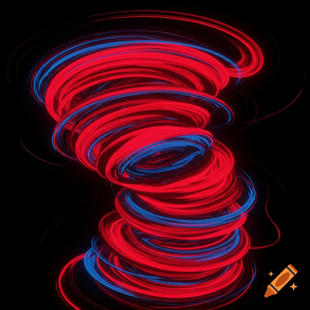 A red and blue swirling shape on black.