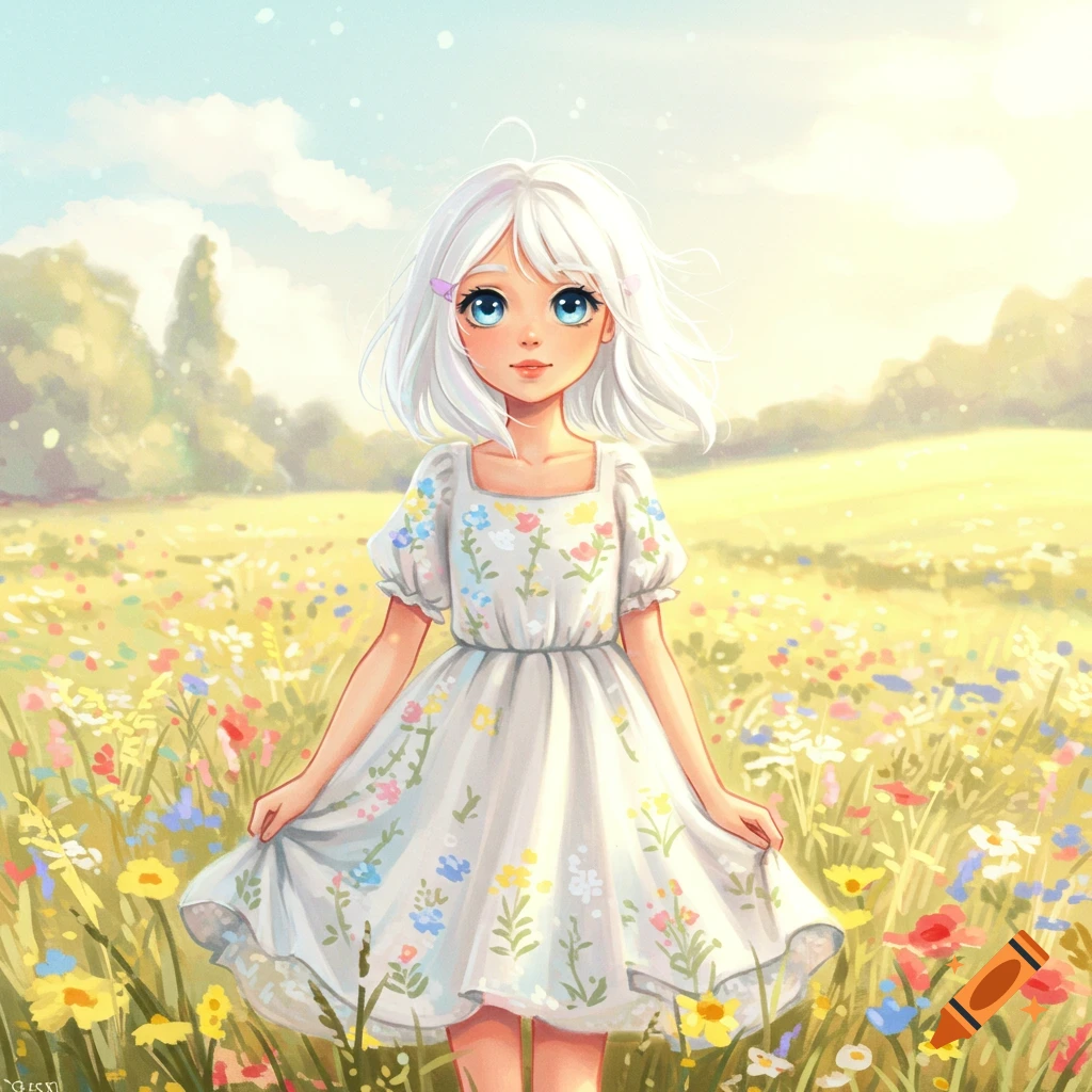 A white-haired girl in a floral dress stands in a field of wildflowers.