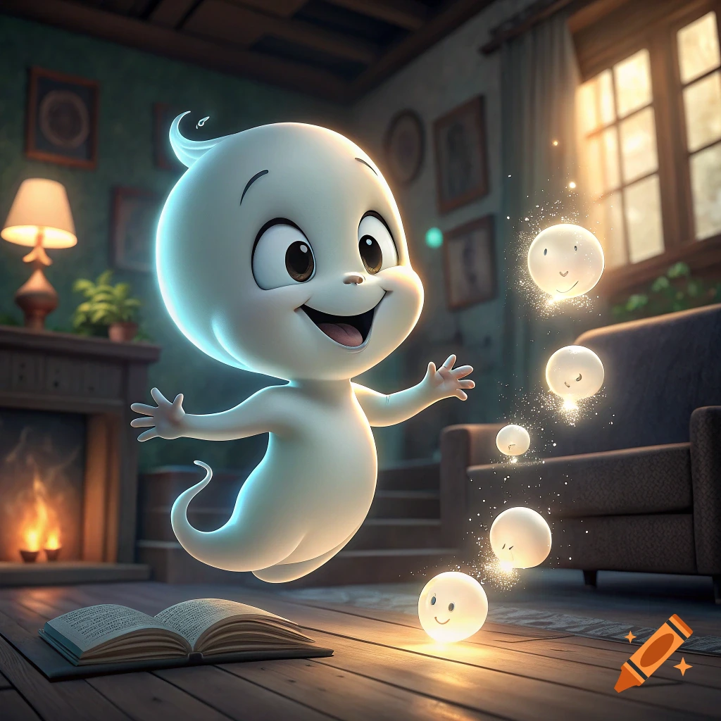 A cute cartoon ghost character floats above an open book in a cozy room with glowing orbs.