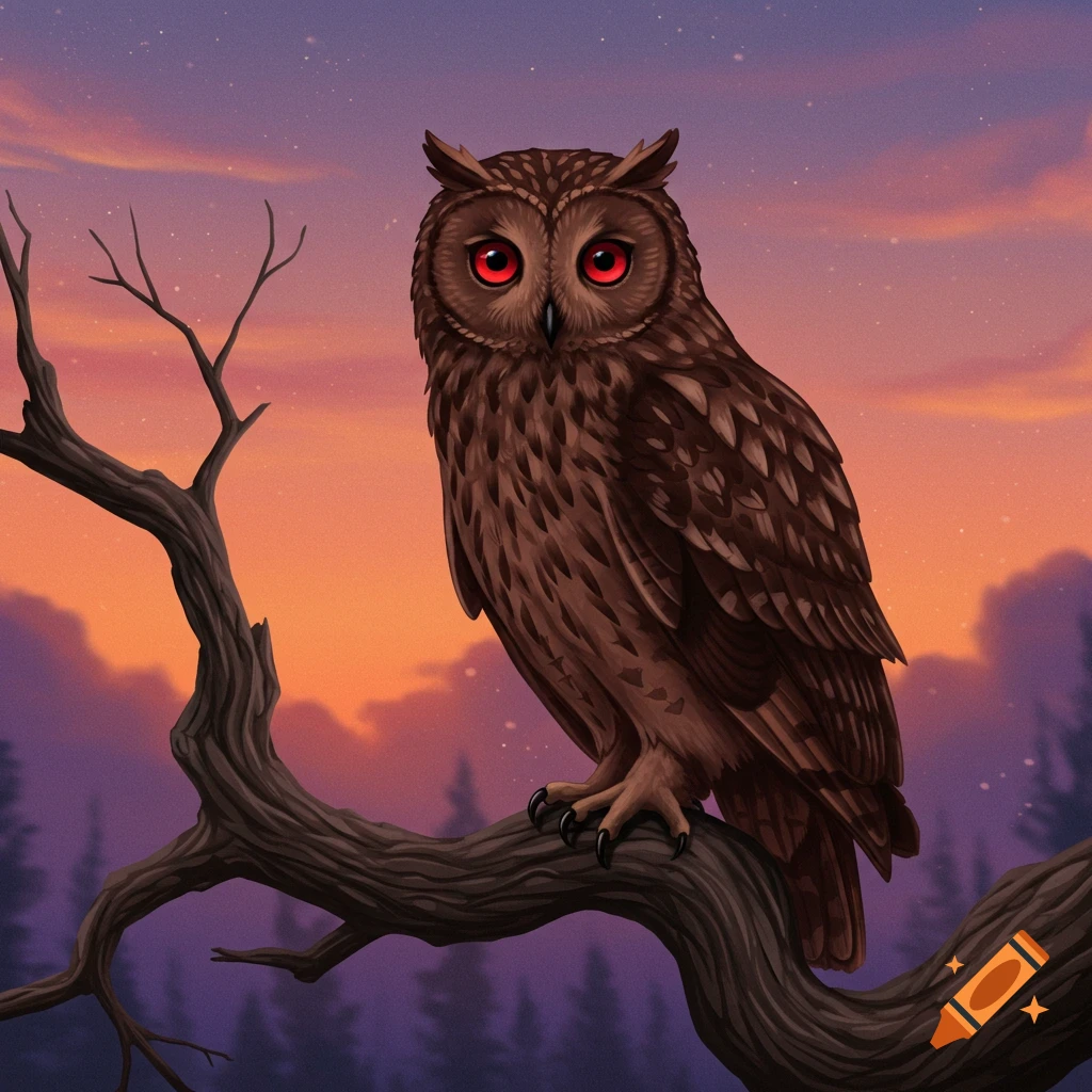 A red-eyed owl perched on a branch at sunset.
