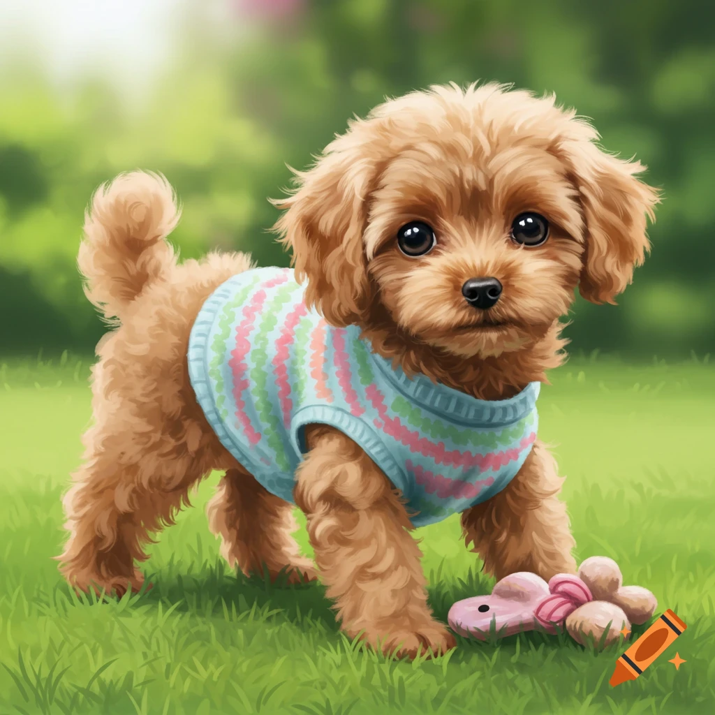 A cute brown miniature poodle puppy wearing a striped sweater stands in grass with a toy.