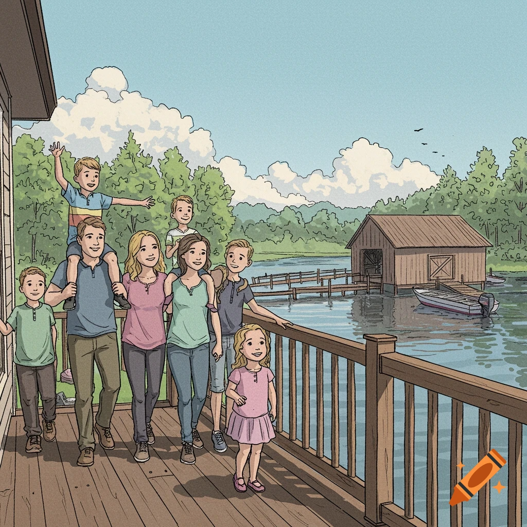 Illustration of a large family walking on a wooden deck overlooking a lake with a boathouse.