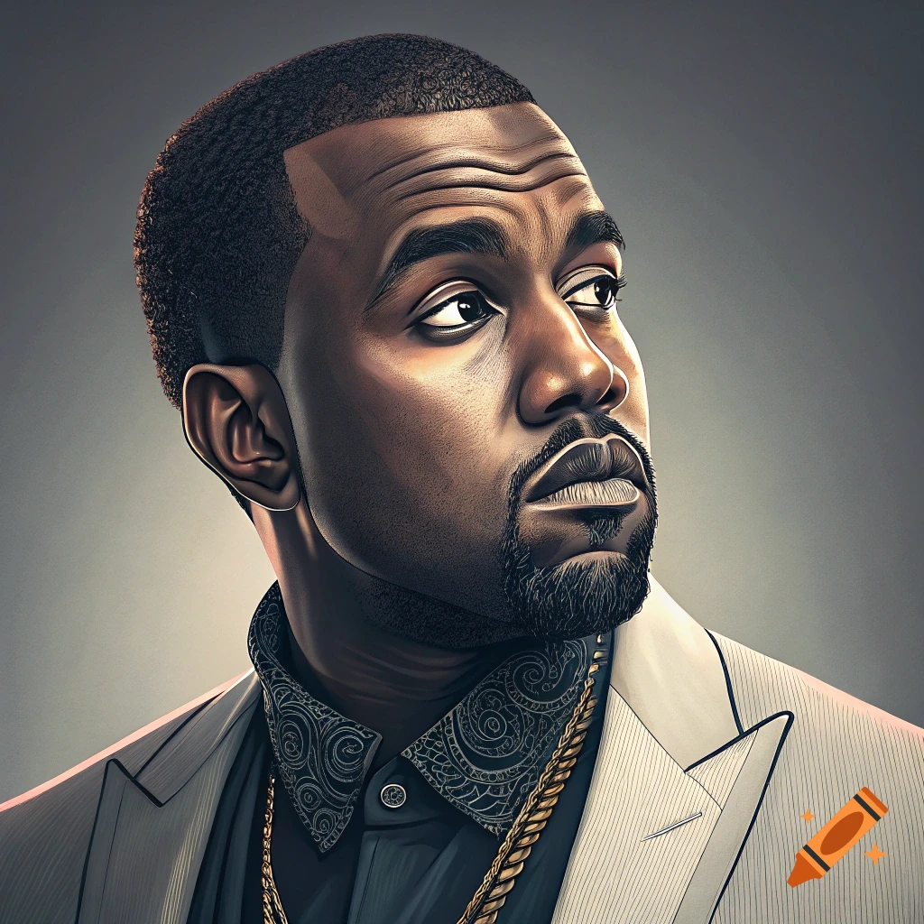 Illustrative portrait of Kanye West looking up and right, wearing a suit and gold chain.