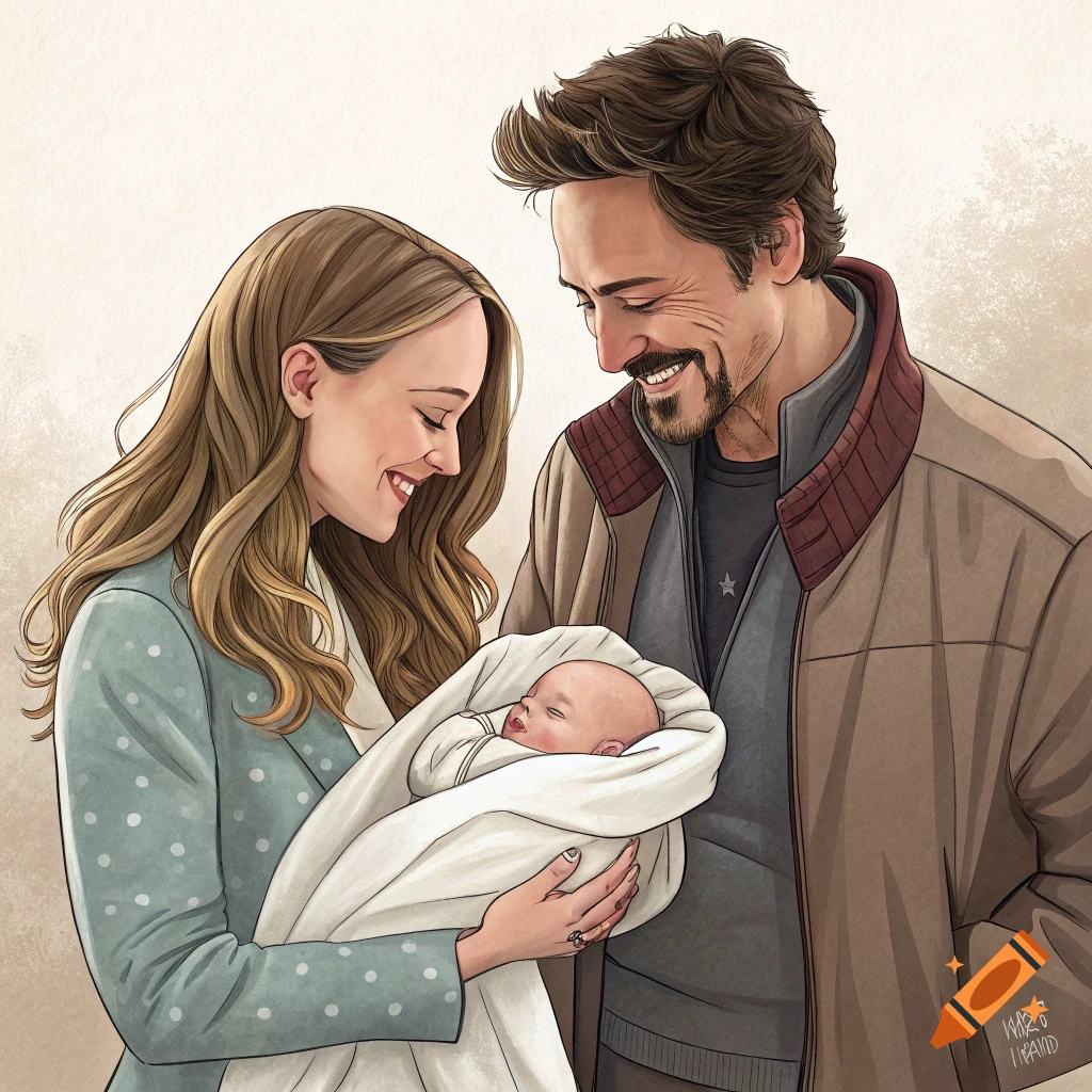 Illustration of a family portrait, a couple smiling down at their baby.