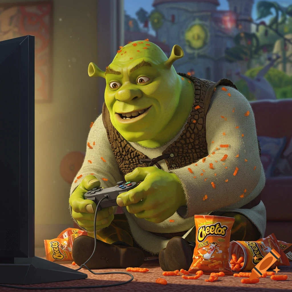 Shrek plays video games while covered in Cheetos, digital art