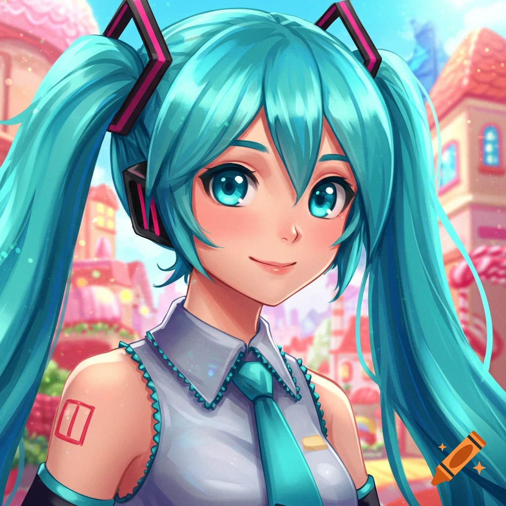 Hatsune Miku is smiling with blue pigtails and headphones.