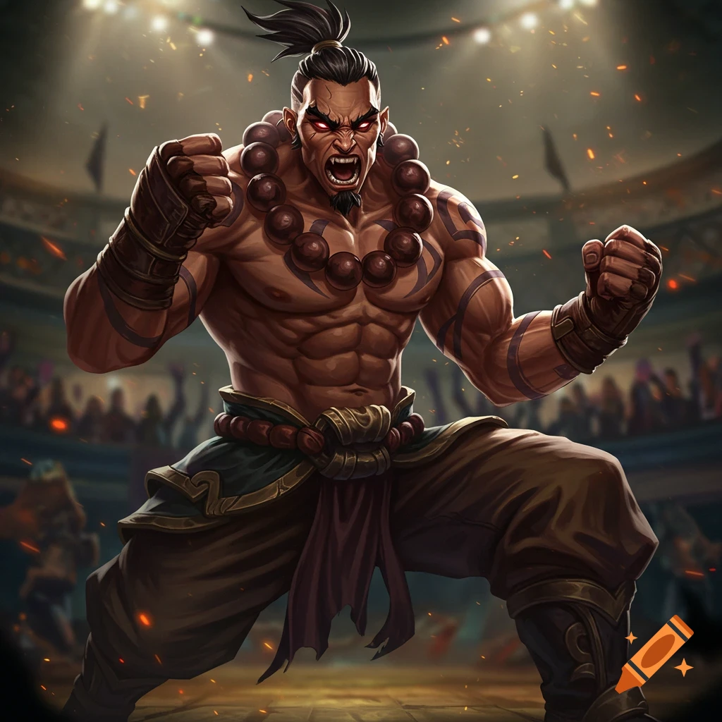 Muscular warrior with tribal tattoos and red eyes, roaring in a fighting arena.