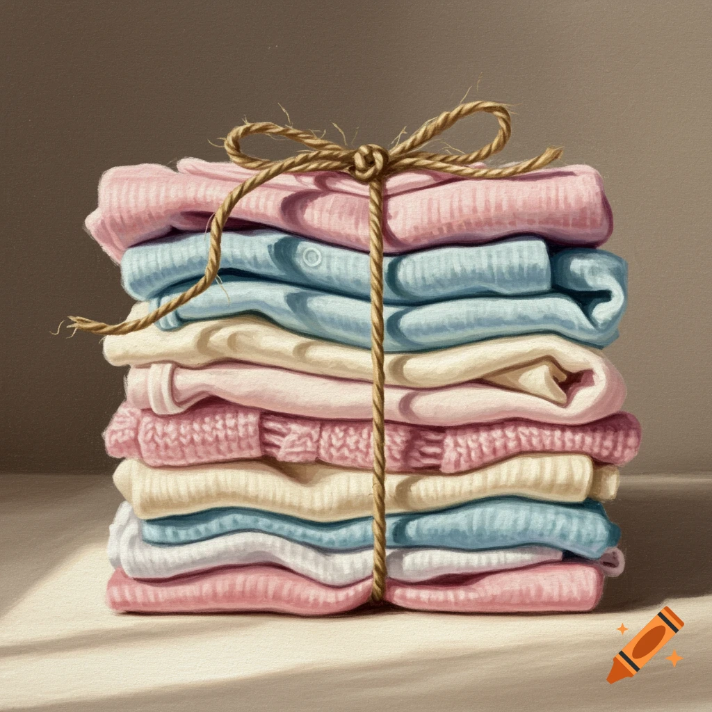 Stack of pastel baby clothes tied with string.