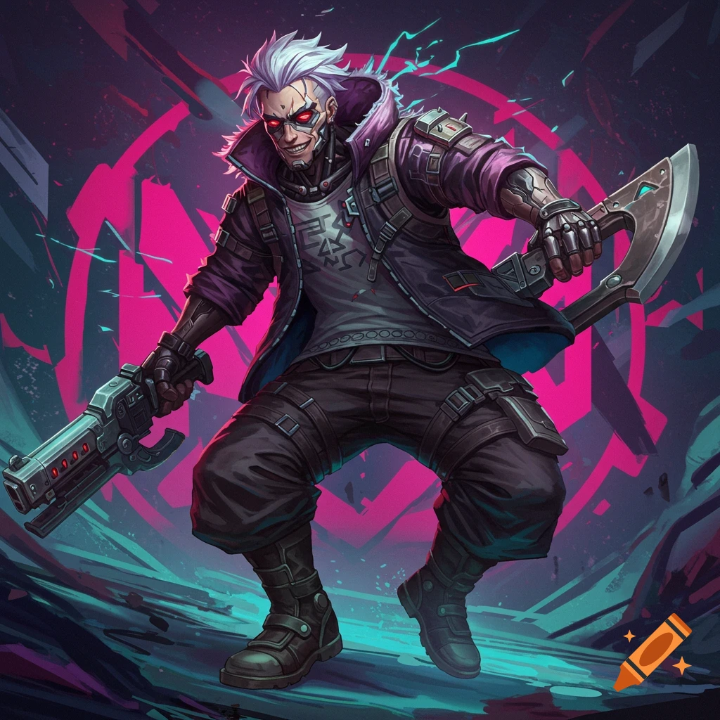 A white-haired cyberpunk character with glowing red eyes, holding a gun and an axe.