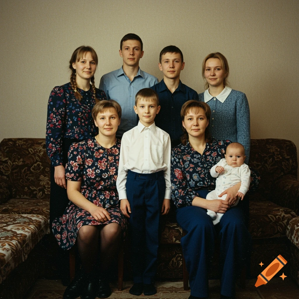 A family portrait of seven people, including adults, children, and an infant, posed in a living room in 1990s style.