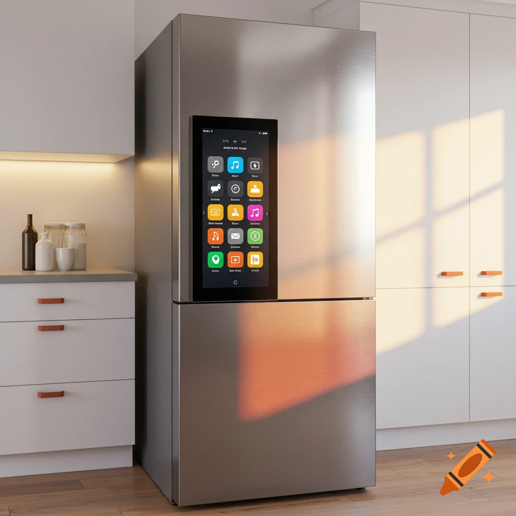 A stainless steel smart fridge with a large touchscreen displaying app icons in a modern kitchen.