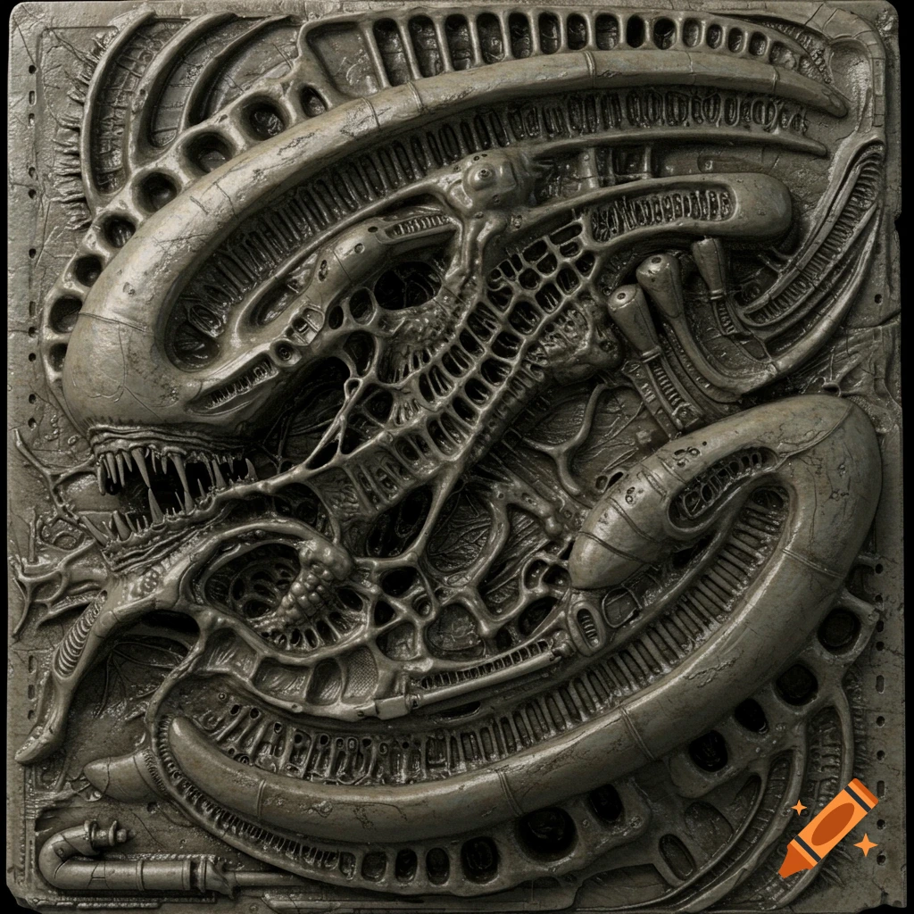 A highly detailed bas relief sculpture in the style of H.R. Giger, featuring complex biomechanical forms resembling an alien head.