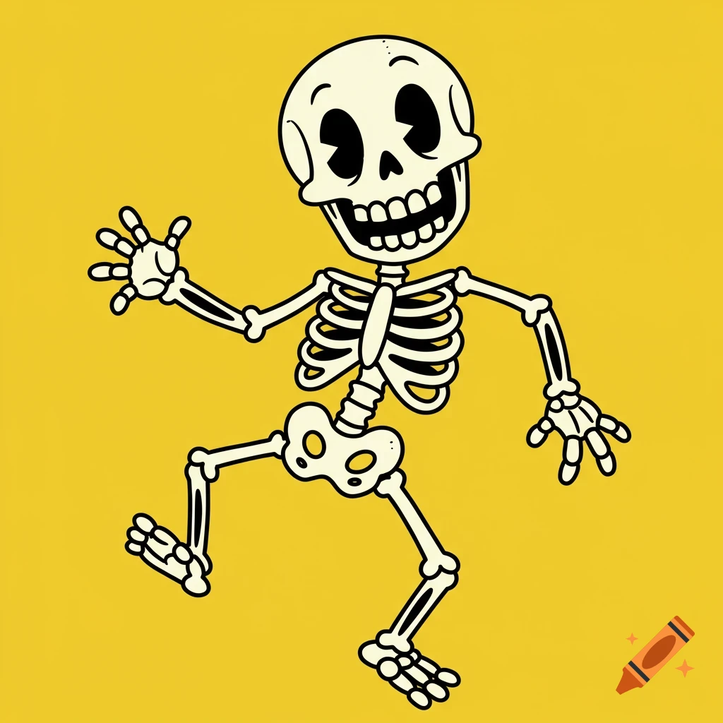 A cartoon skeleton dances on a yellow background.