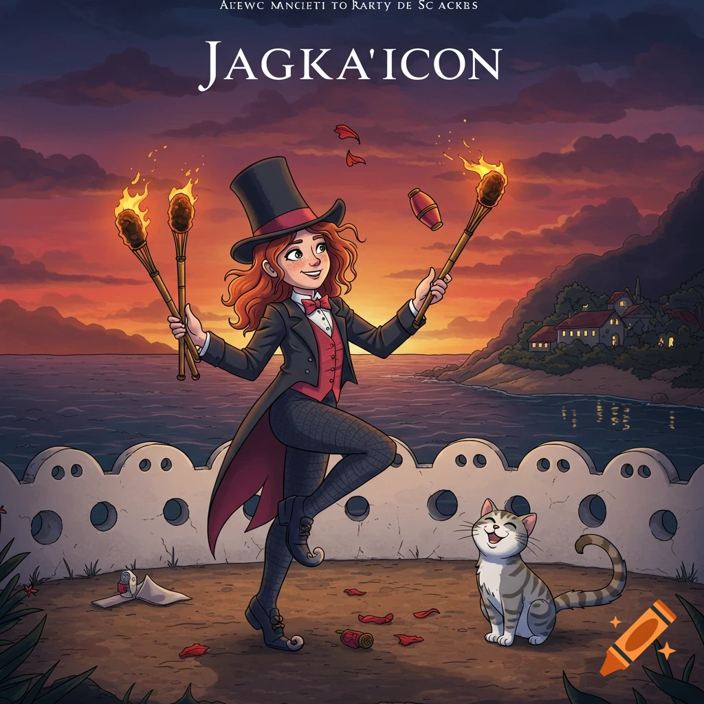 Cartoon of a red-haired female magician in a top hat juggling lit torches while dancing with a smiling cat during sunset.