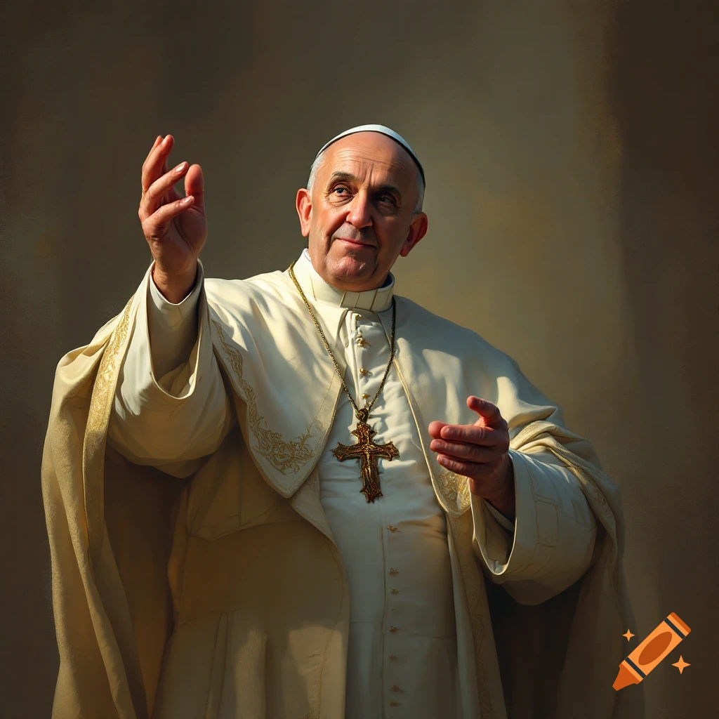 Pope Francis in white robes raises his hands and wears a cross necklace