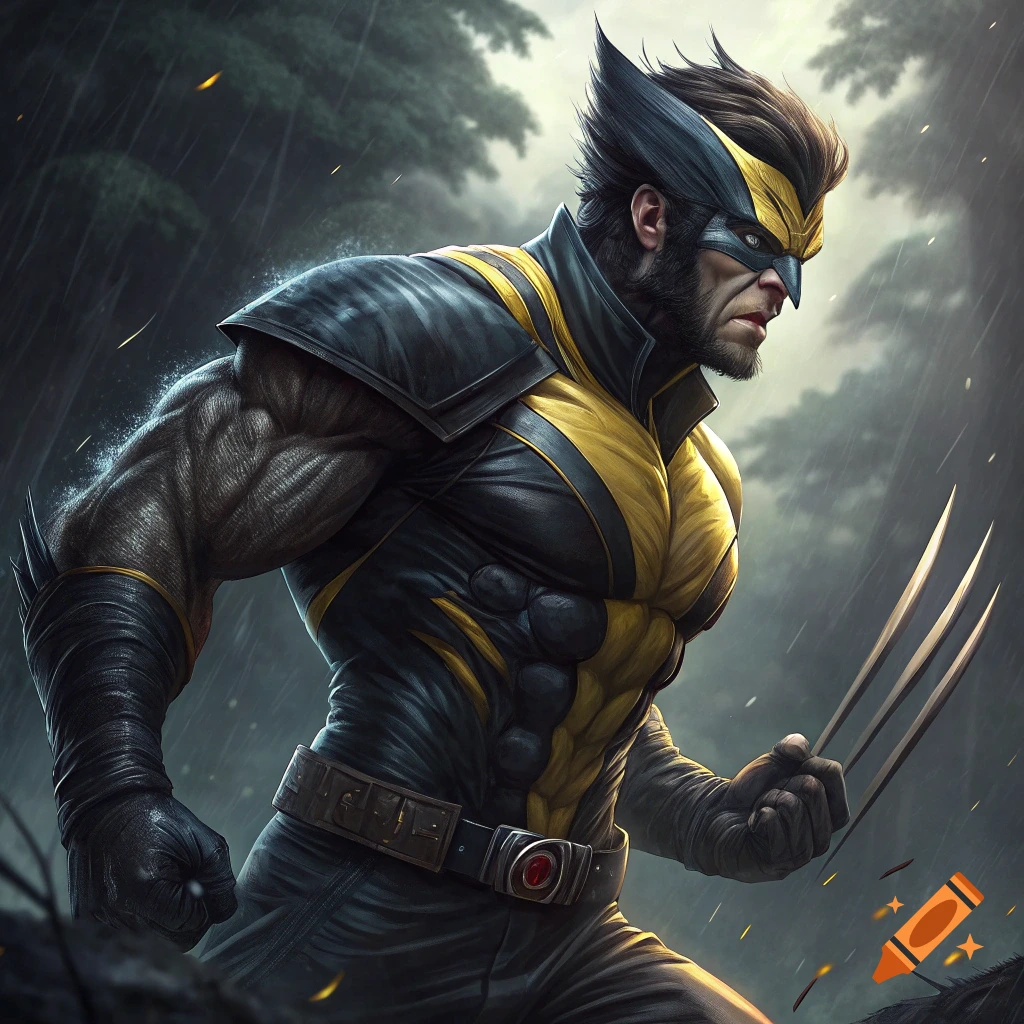 Realistic illustration of Wolverine with Sylvester Stallone's face, standing in a rainy forest with claws extended.