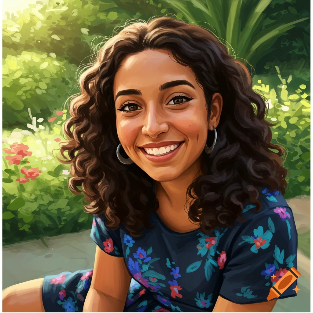 Smiling woman with curly hair in a garden setting.