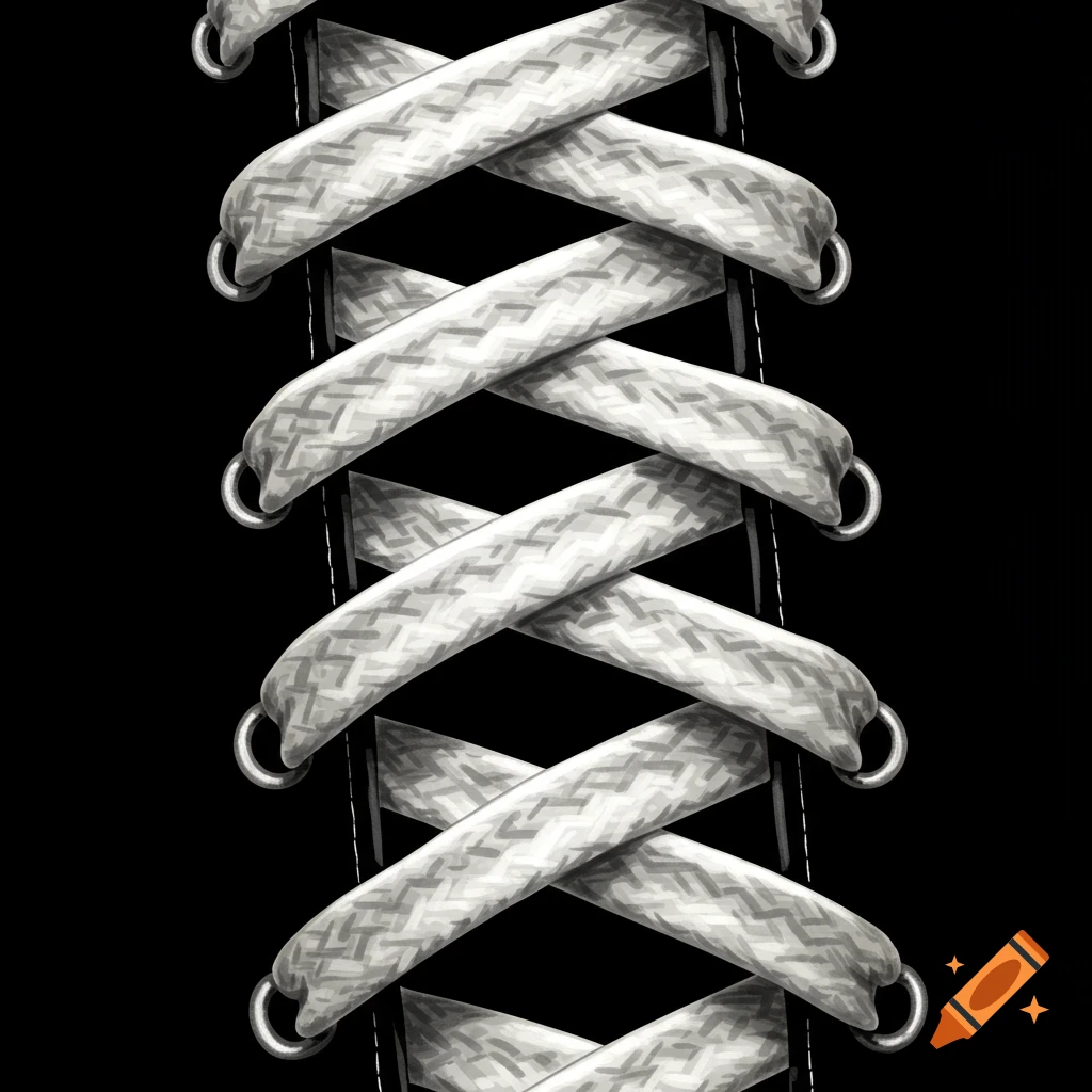 Close-up of white shoelaces criss-crossed against a black background.