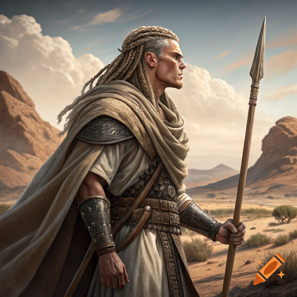 A male warrior with dreadlocks and armor holds a spear in a desert landscape.